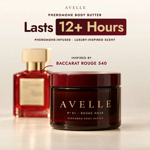 Avelle pheromone body butter, lasts 12+ hours, inspired by Baccarat Rouge 540