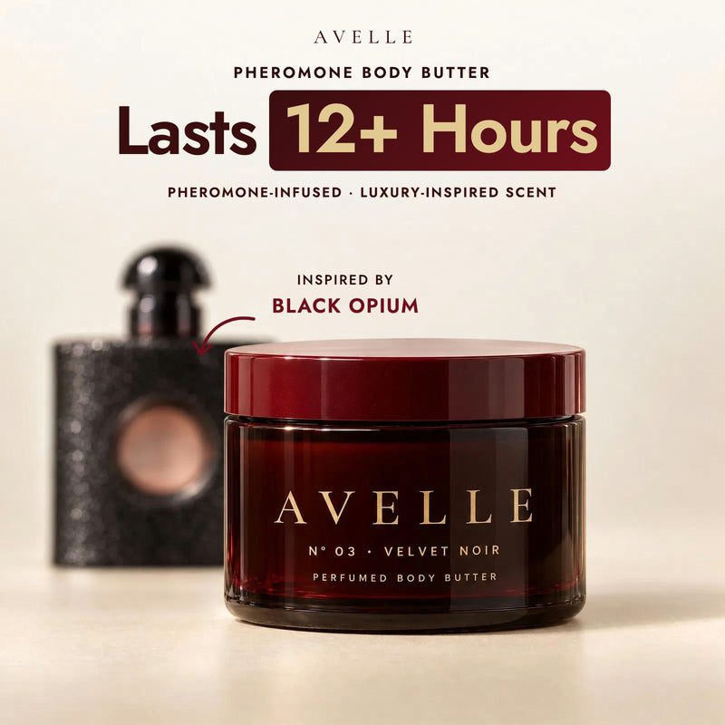 Avelle pheromone body butter, lasts 12+ hours, inspired by Black Opium