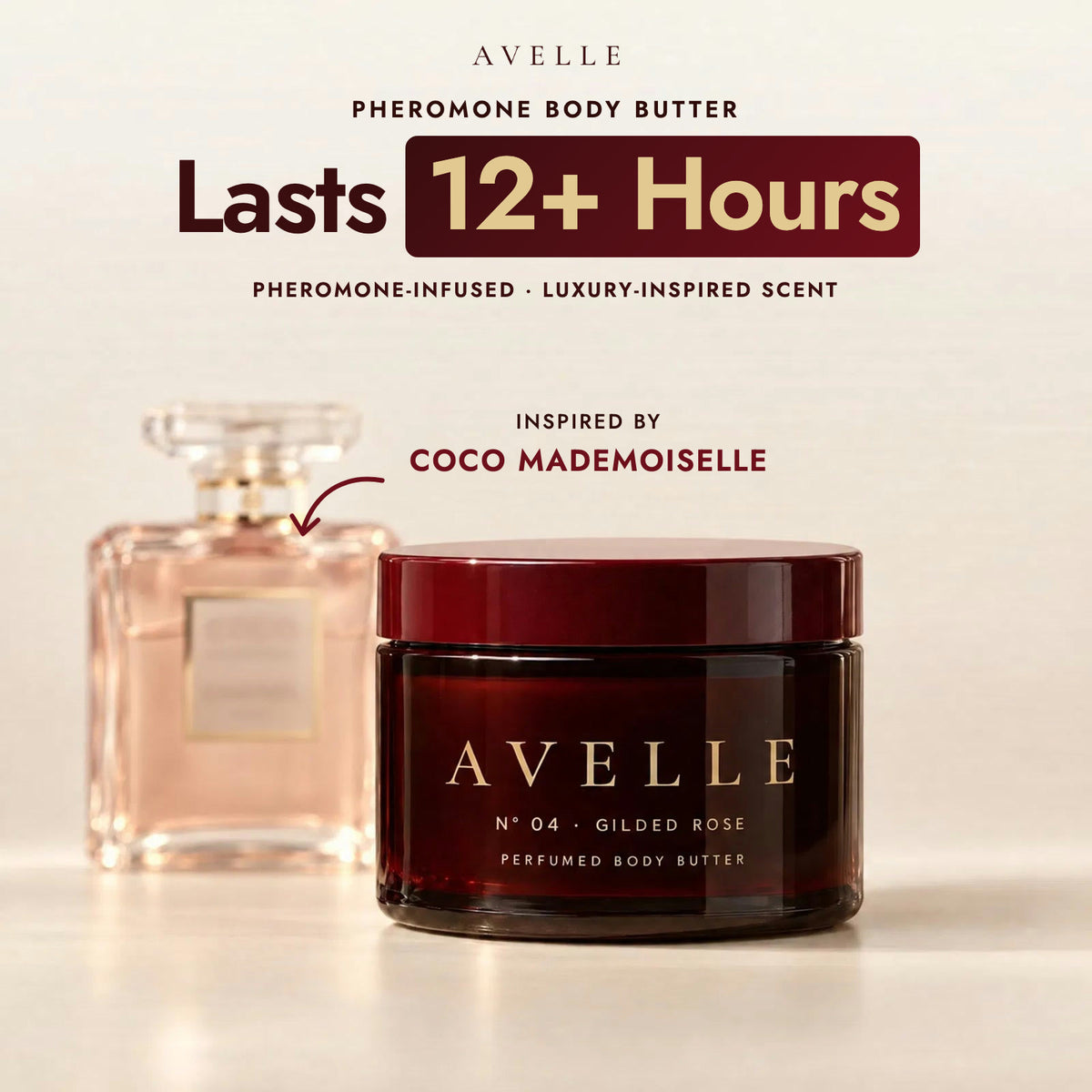 Avelle pheromone body butter, lasts 12+ hours, inspired by Coco Mademoiselle