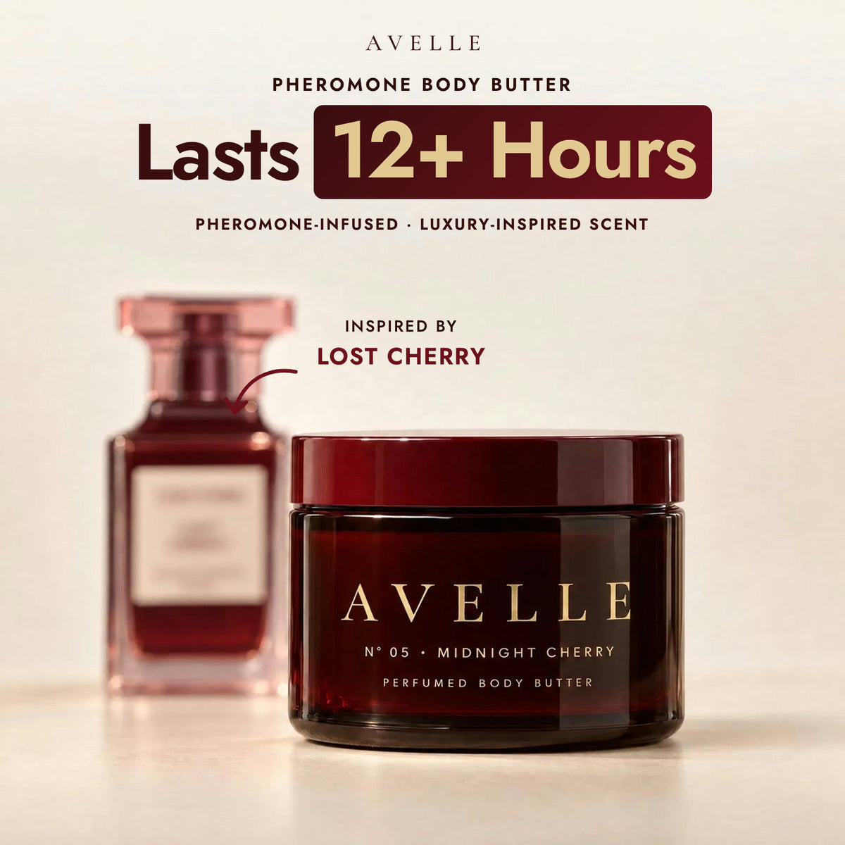 Avelle pheromone body butter, lasts 12+ hours, inspired by Lost Cherry