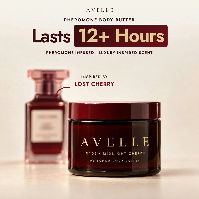 Avelle pheromone body butter, lasts 12+ hours, inspired by Lost Cherry