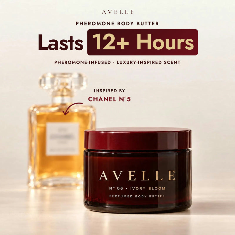 Avelle pheromone body butter, lasts 12+ hours, inspired by Chanel N°5