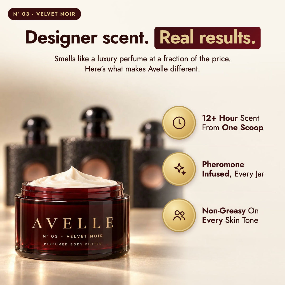 Avelle Velvet Noir: designer scent, real results. 12+ hour scent, pheromone-infused, non-greasy