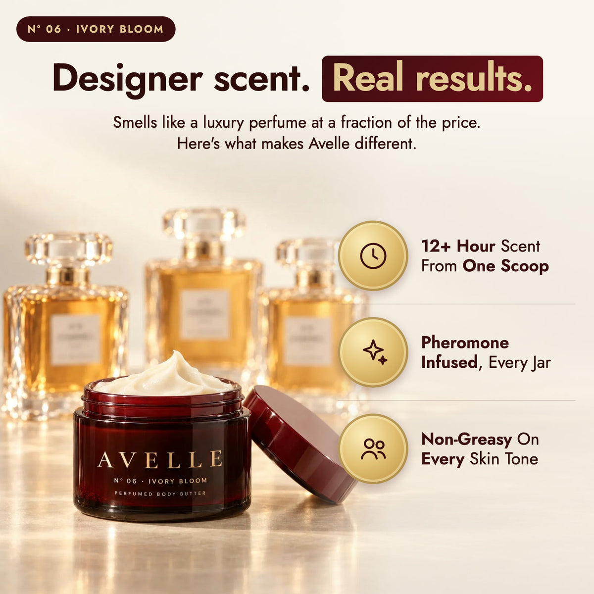Avelle Ivory Bloom: designer scent, real results. 12+ hour scent, pheromone-infused, non-greasy