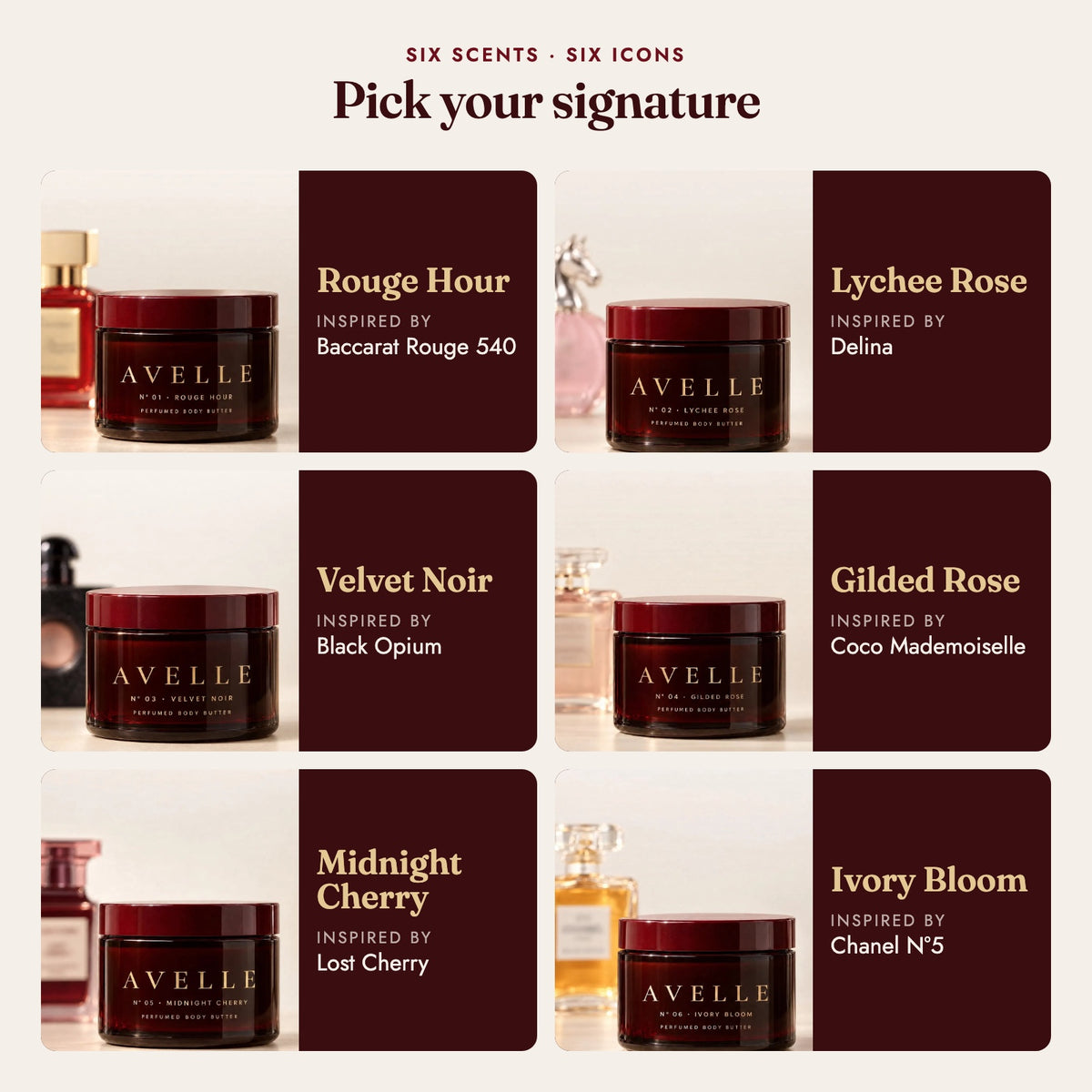 The six Avelle scents and the perfumes that inspired them