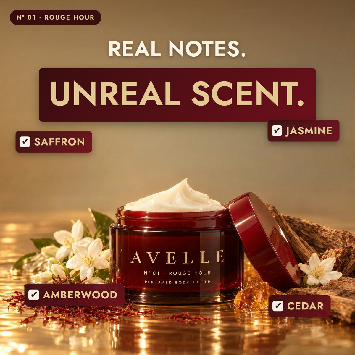 Avelle Rouge Hour with its scent notes: Saffron, Jasmine, Amberwood, Cedar