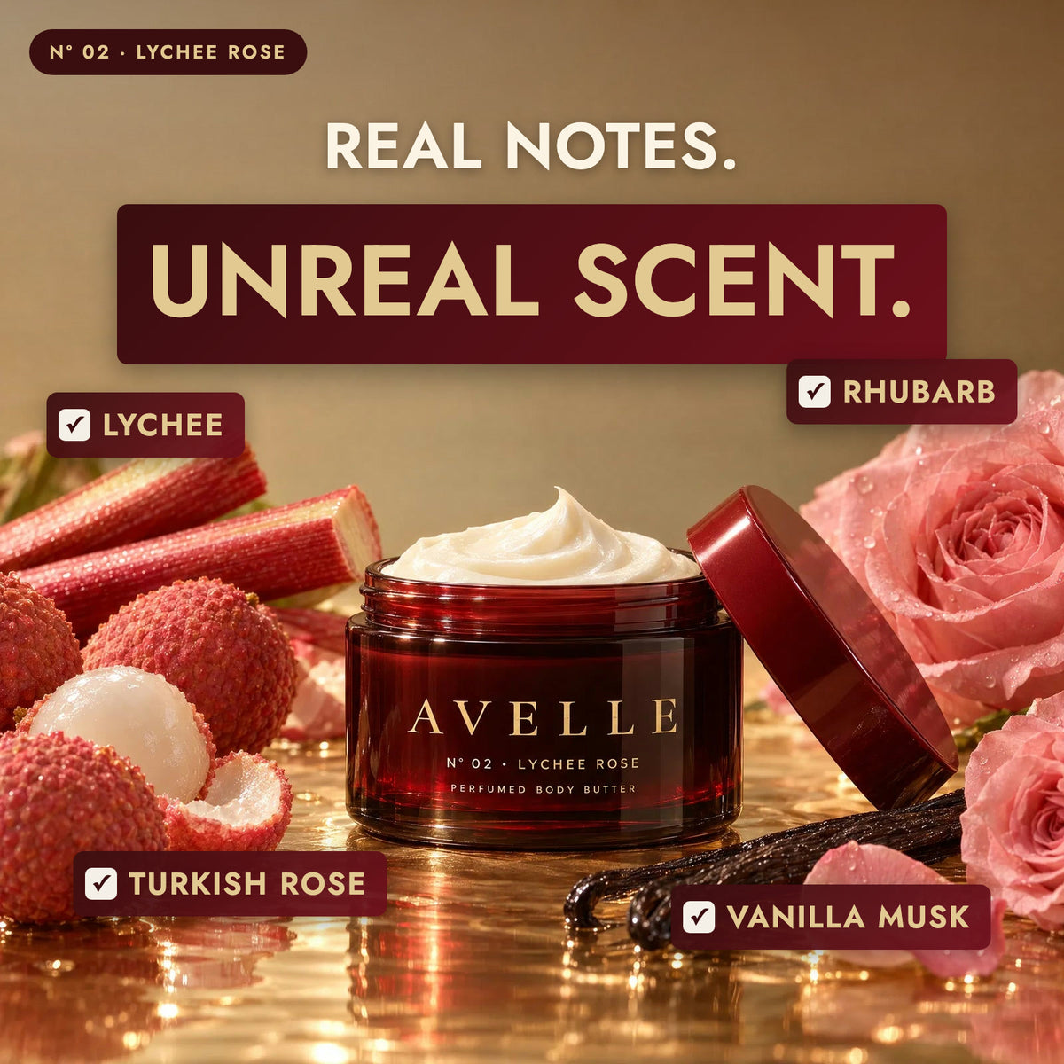 Avelle Lychee Rose with its scent notes: Lychee, Rhubarb, Turkish Rose, Vanilla Musk