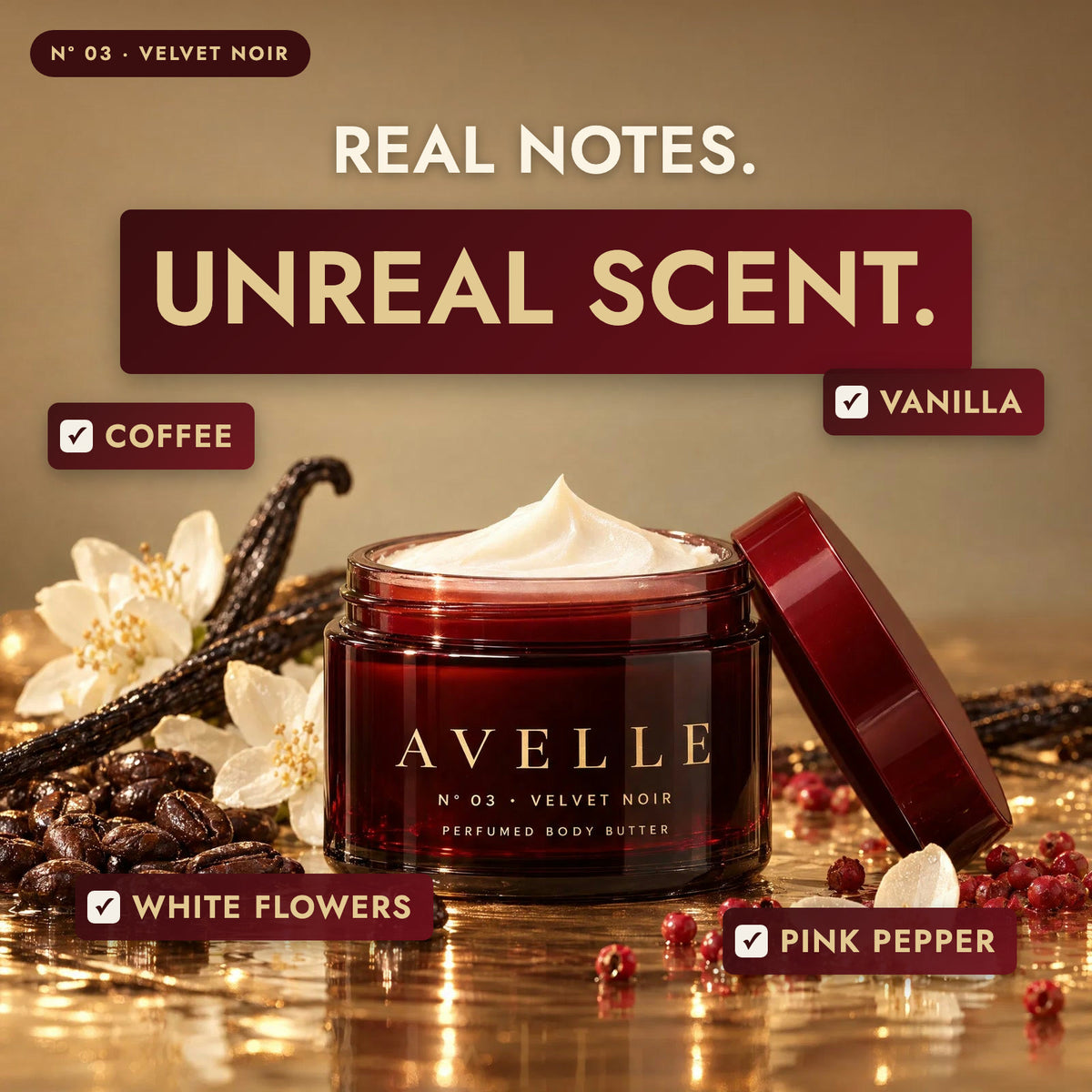 Avelle Velvet Noir with its scent notes: Coffee, Vanilla, White Flowers, Pink Pepper
