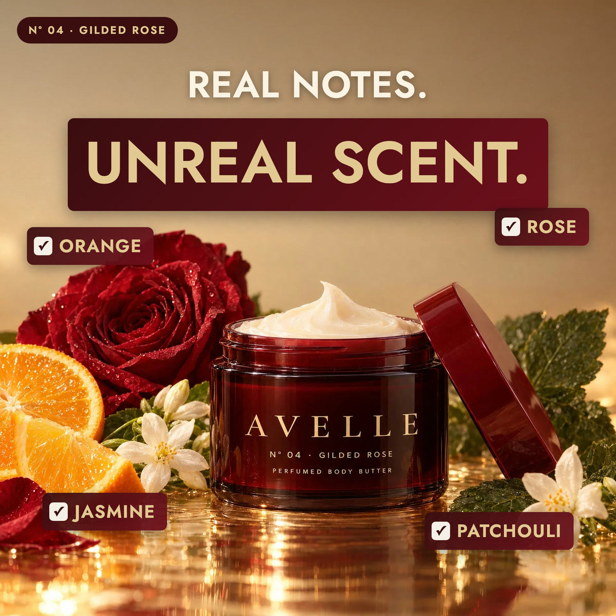 Avelle Gilded Rose with its scent notes: Orange, Rose, Jasmine, Patchouli