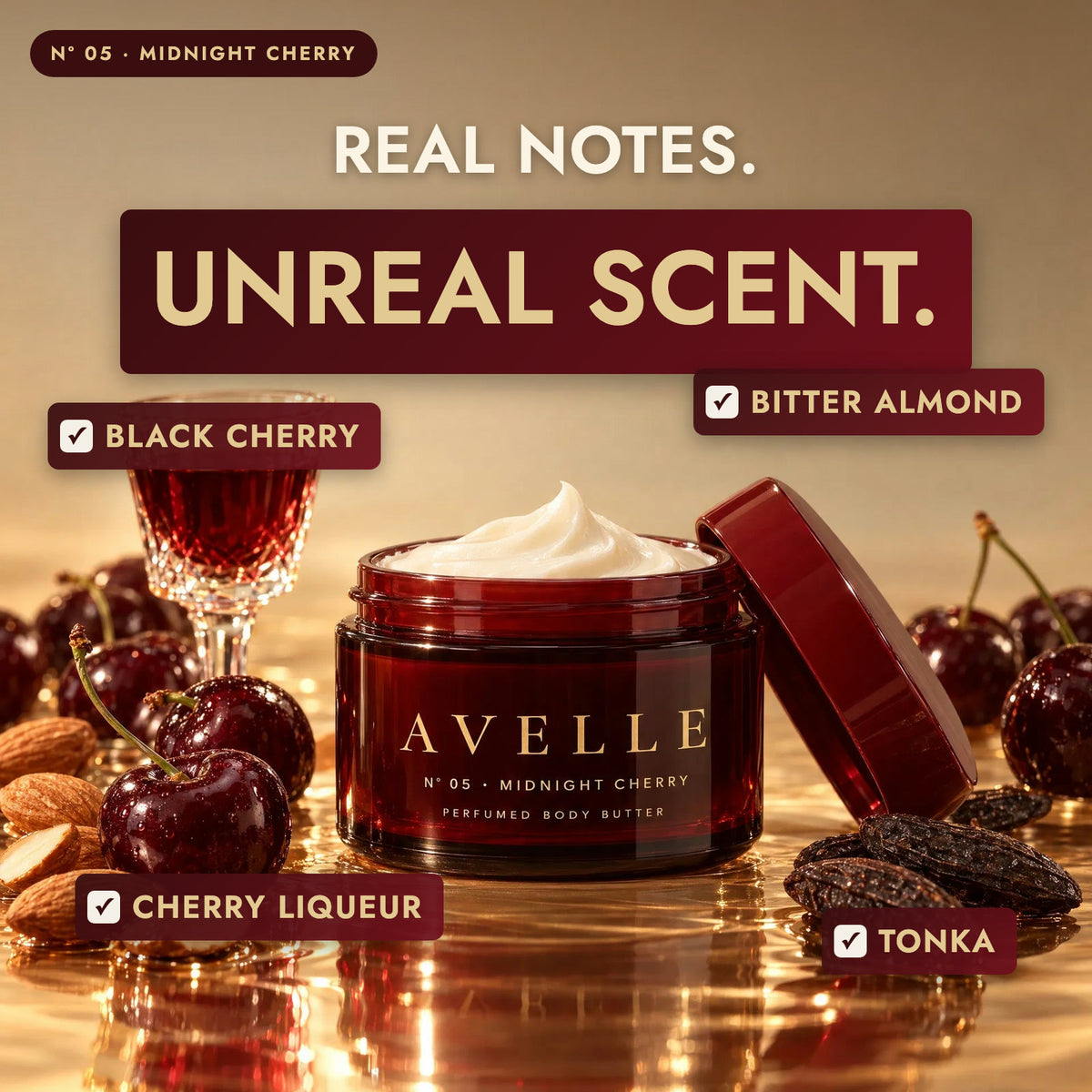 Avelle Midnight Cherry with its scent notes: Black Cherry, Bitter Almond, Cherry Liqueur, Tonka