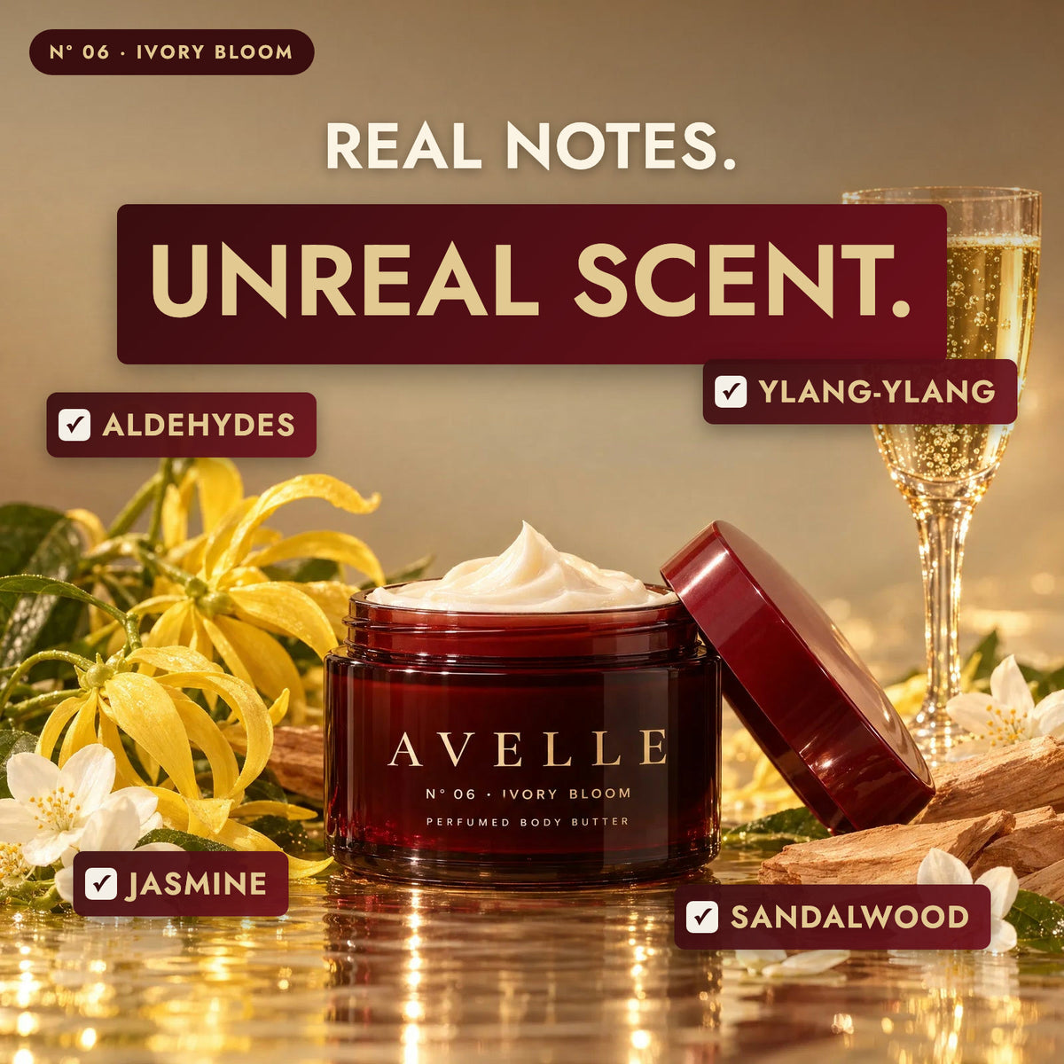 Avelle Ivory Bloom with its scent notes: Aldehydes, Ylang-Ylang, Jasmine, Sandalwood