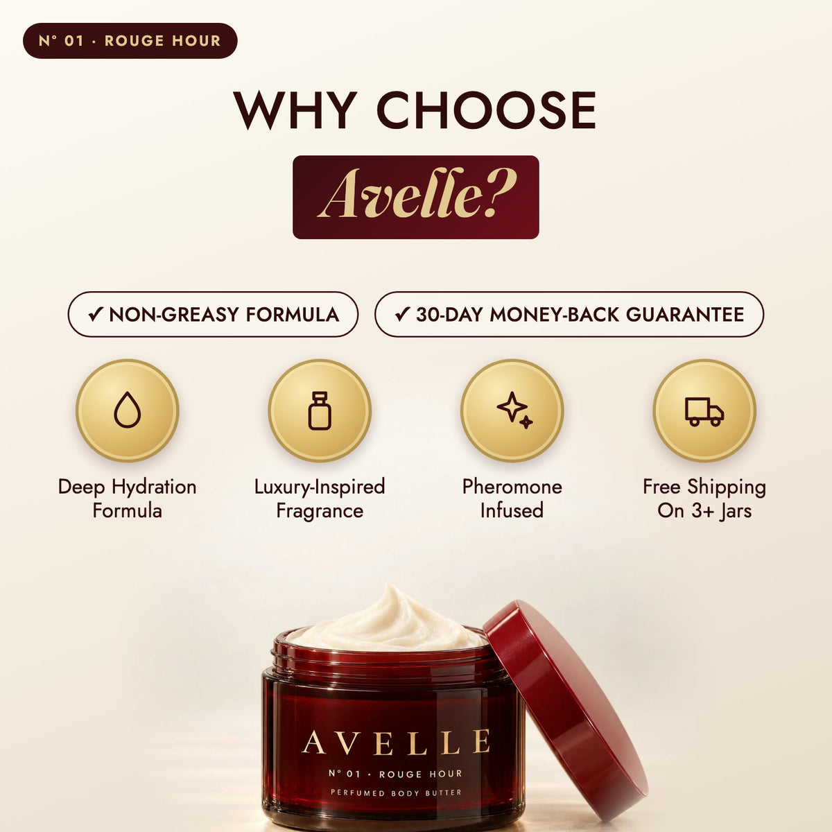 Why choose Avelle: deep hydration, luxury-inspired fragrance, pheromone-infused, free shipping on 3+ jars