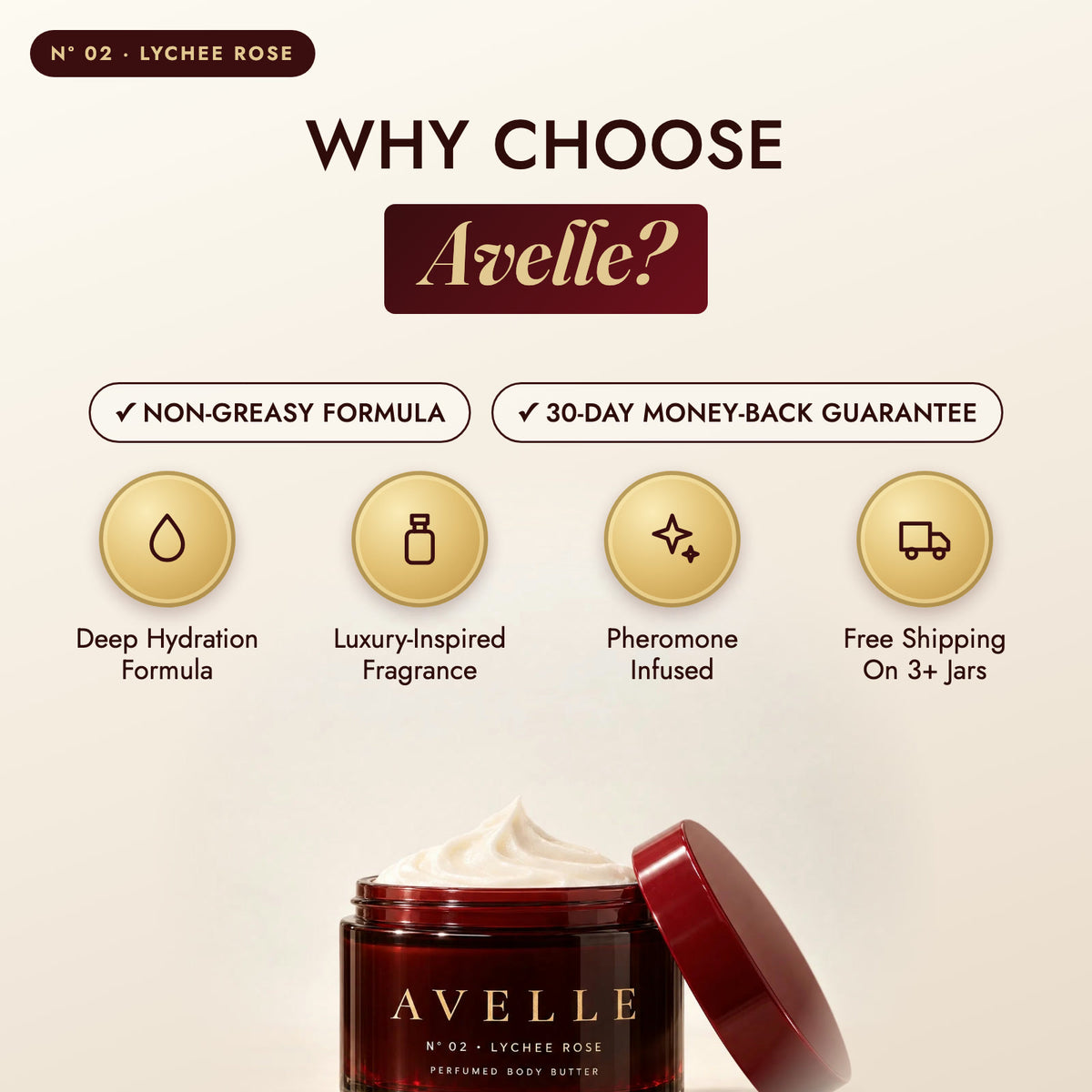 Why choose Avelle: deep hydration, luxury-inspired fragrance, pheromone-infused, free shipping on 3+ jars