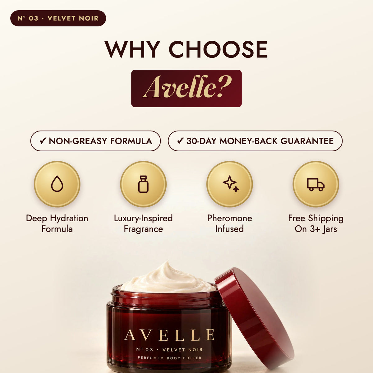 Why choose Avelle: deep hydration, luxury-inspired fragrance, pheromone-infused, free shipping on 3+ jars