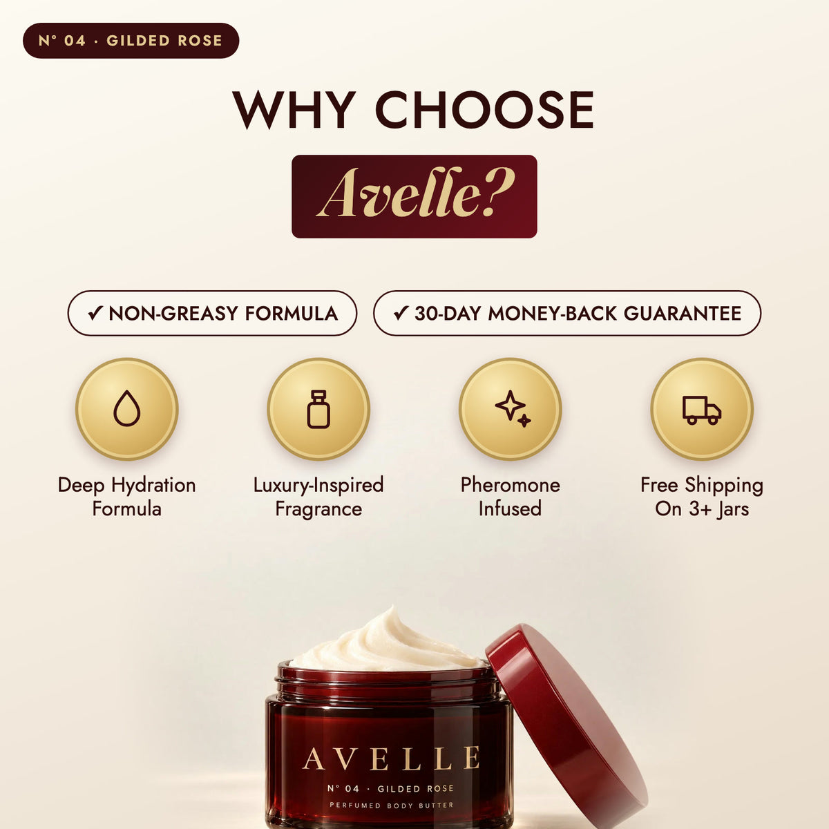 Why choose Avelle: deep hydration, luxury-inspired fragrance, pheromone-infused, free shipping on 3+ jars