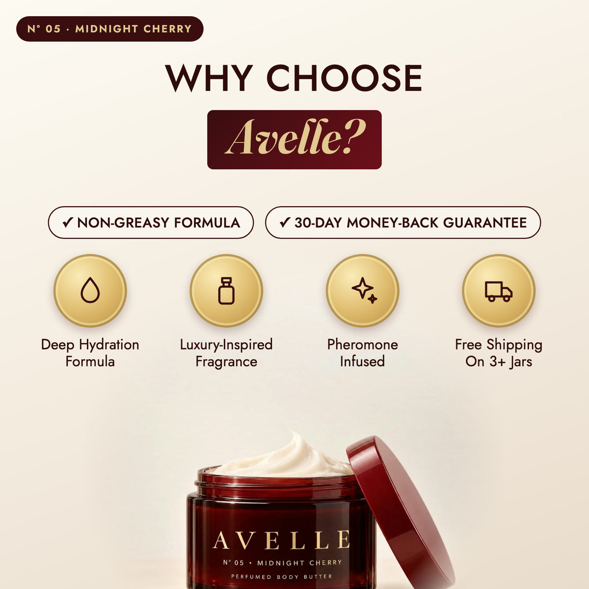 Why choose Avelle: deep hydration, luxury-inspired fragrance, pheromone-infused, free shipping on 3+ jars