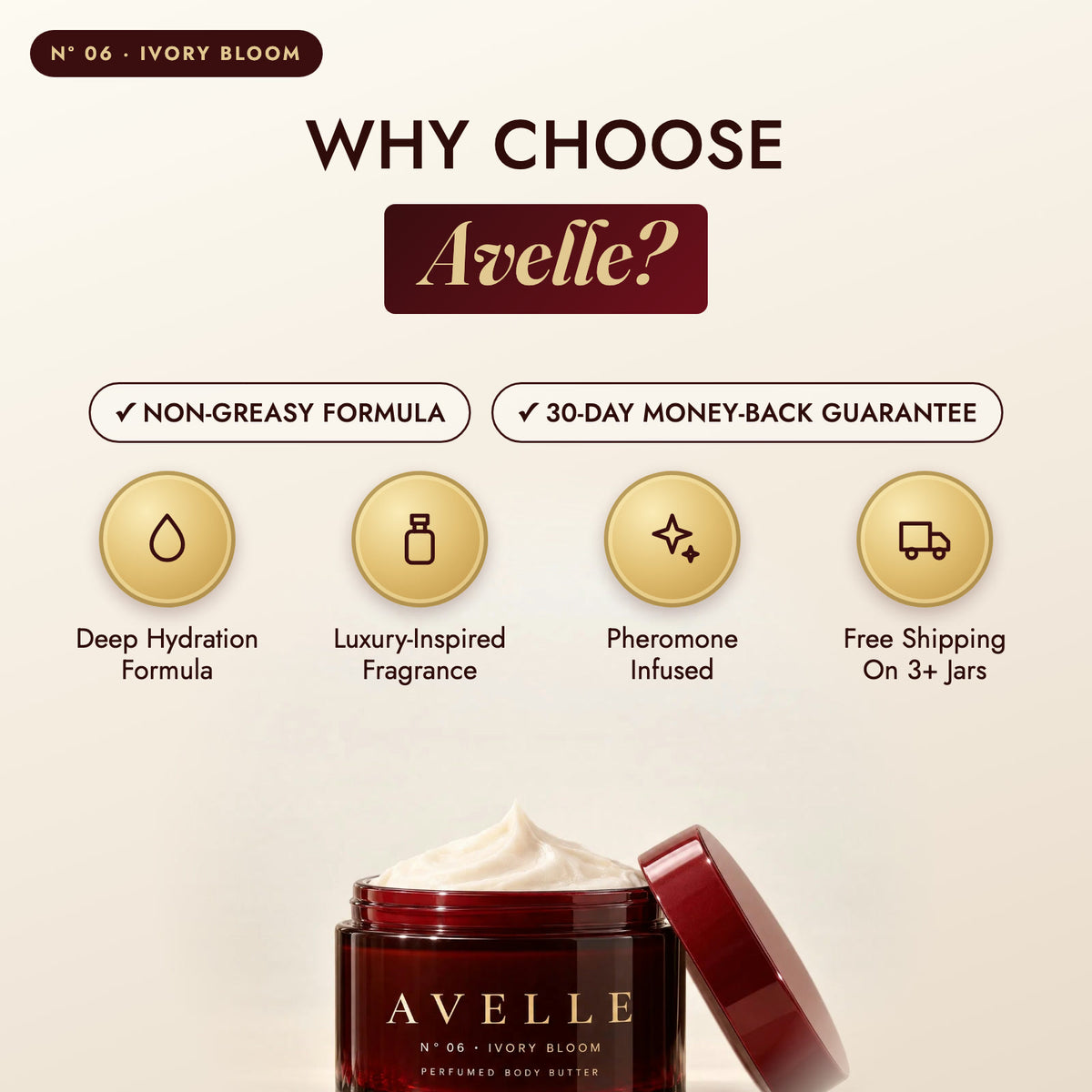 Why choose Avelle: deep hydration, luxury-inspired fragrance, pheromone-infused, free shipping on 3+ jars